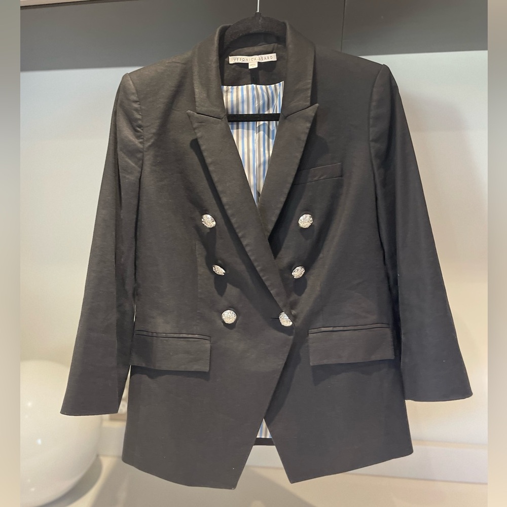 $795 VERONICA BEARD Black linen MILLER Dickey Jacket silver Buttons sz 8